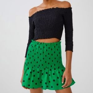 Zara Green/Black Polka Dot 100% Cotton Smocked Skirt, Size M ~ EUC